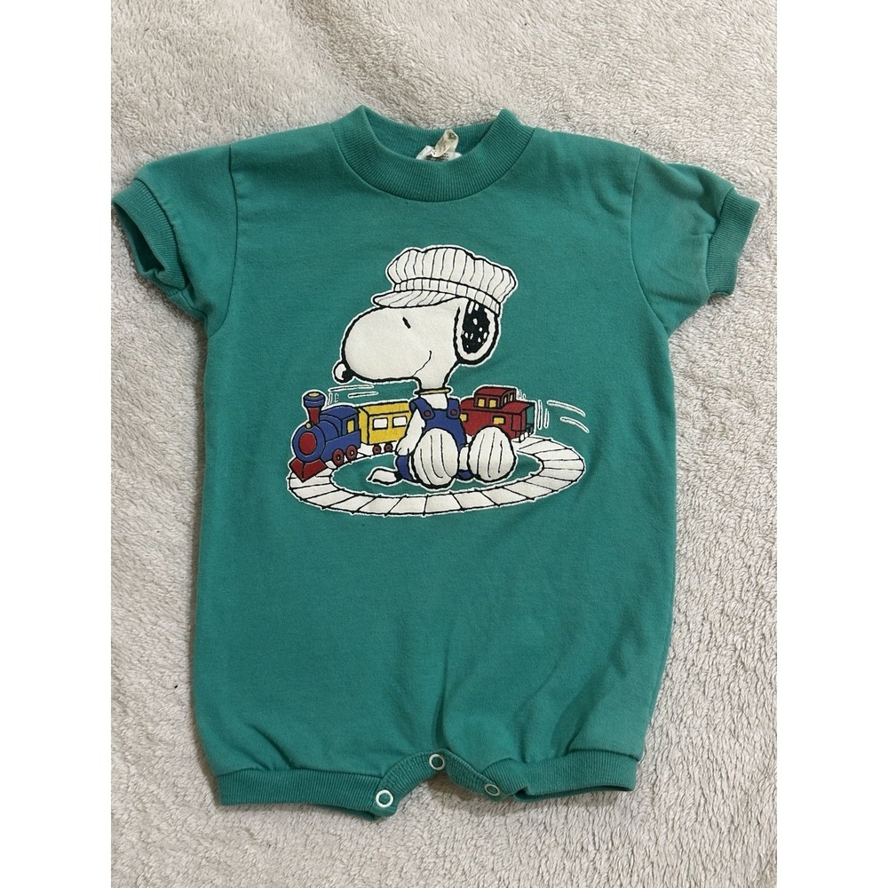 Vtg‎ Peanuts Snoopy Train Green Romper One Piece 3/6 Months Summer